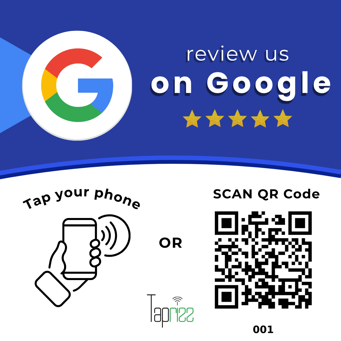 Taprizz blue review plaque with NFC tap and QR code