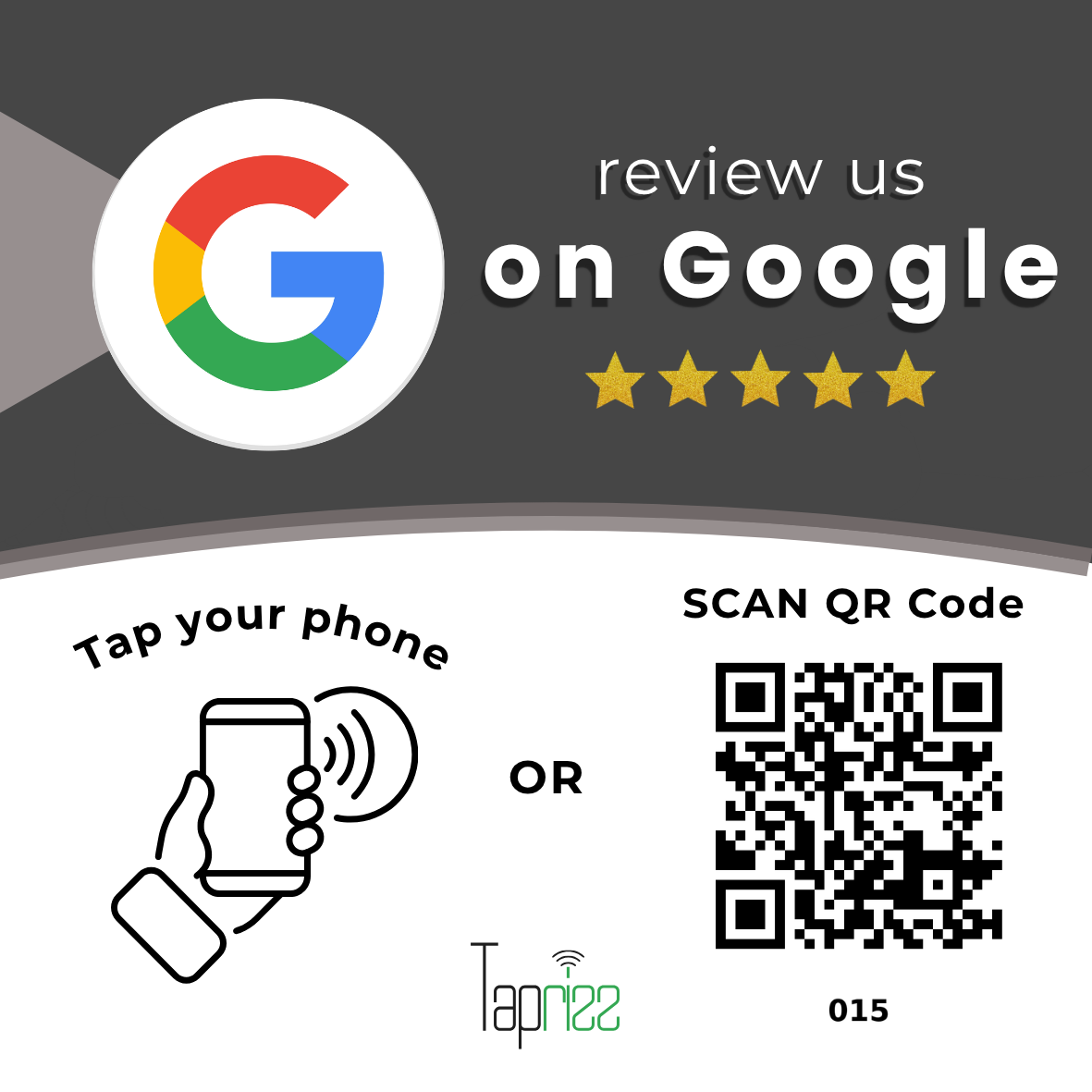 Taprizz graphite review plaque with NFC tap and QR code